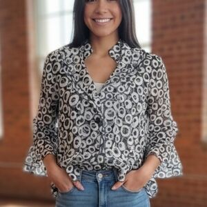 EUC NABI Sheer Double Layer Blouse M Black White Ring Dot Pattern 3/4 Sleeve!